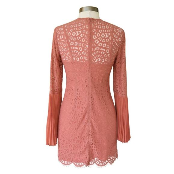 KEEPSAKE Lace Pleated Sleeve Mini Dress in Cinnamon Revolve Long Bell Sleeves - Picture 4 of 10